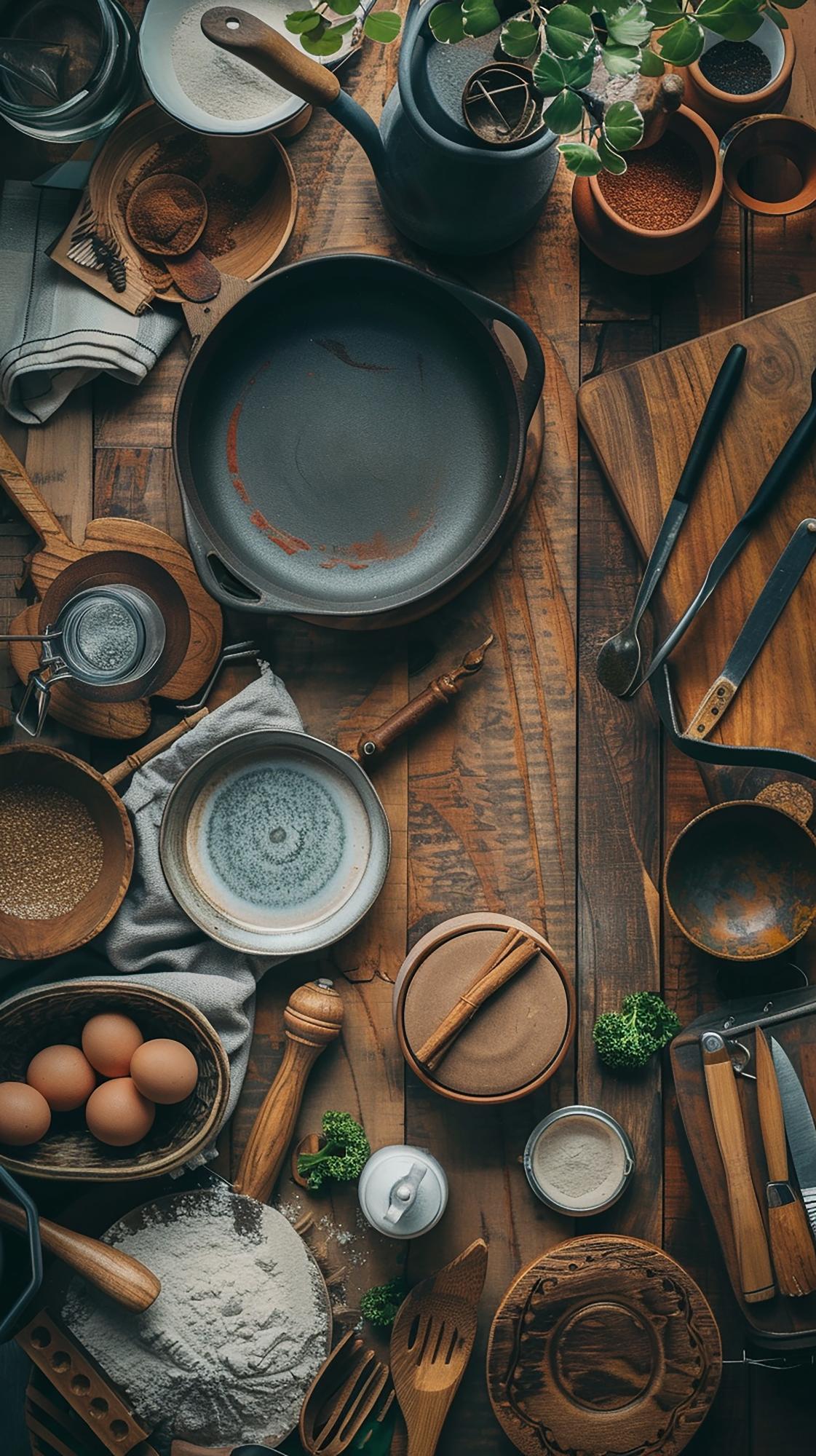Workshop table with tools and ingredients